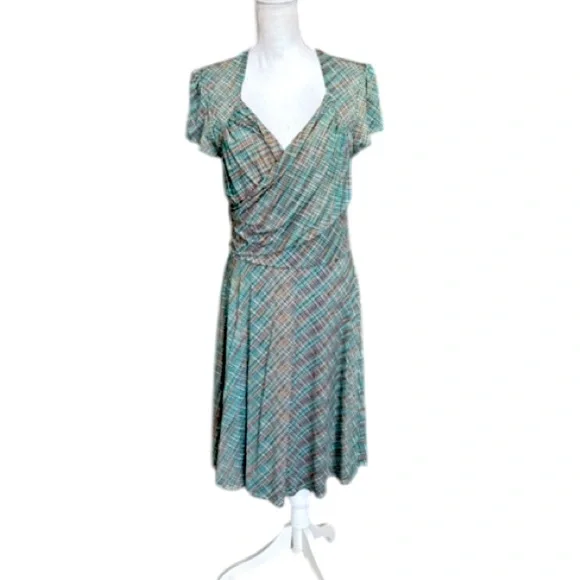 Leota Dresses Leota Plaid Wrap Dress Stretchy Faux Wrap Blue